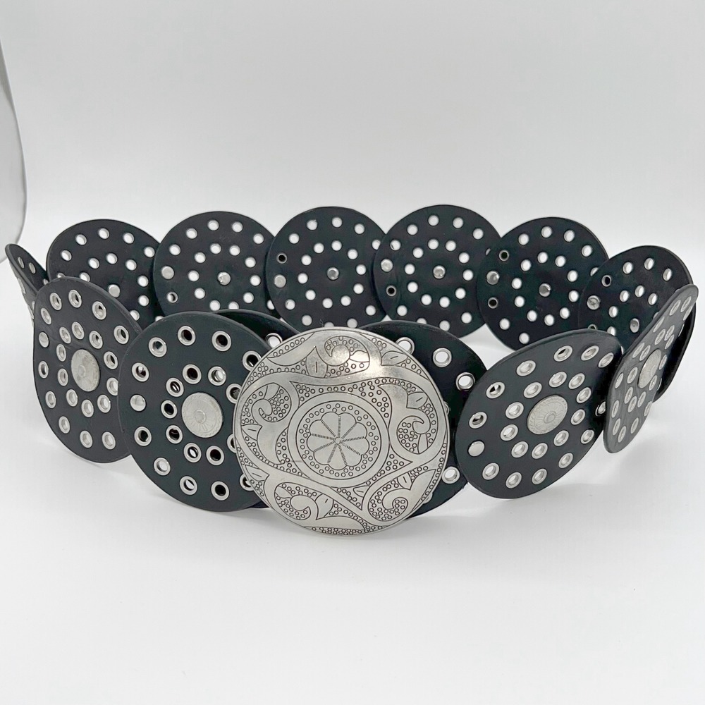 Womens Statement Belt Black Round‎ Circle Studded Belt Ornate Silver Buckle Y2K